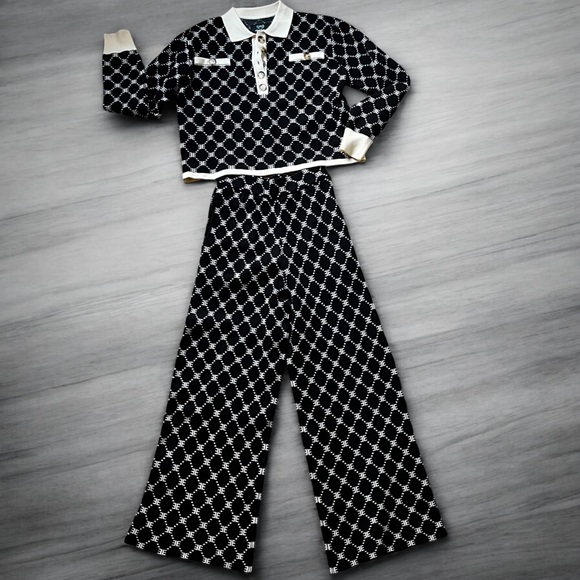 Ellandemm monogram collared wide leg knit set Small EUC black and white EE print - Picture 4 of 15